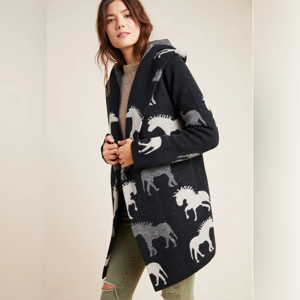 Anthropologie Field Flower Sedona Horse Cardigan Sweater Black White Size Medium